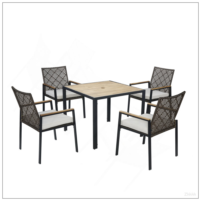 Ensemble de table de salle à manger toutes saisons 5 pièces, ensemble de conversation pour patio avec trou pour parasol et extérieur en rotin