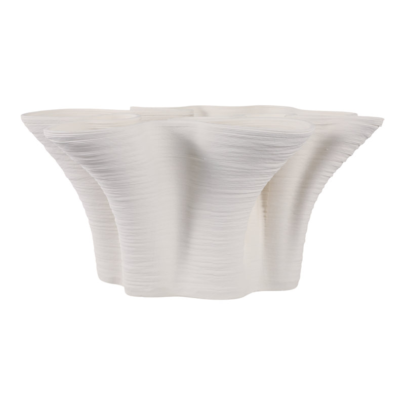 Decorative Vase Porcelain Abstract Ruffled Design Sculptural Accent For Home Office Bedroom Or Living Room Display - 8" Ivory
