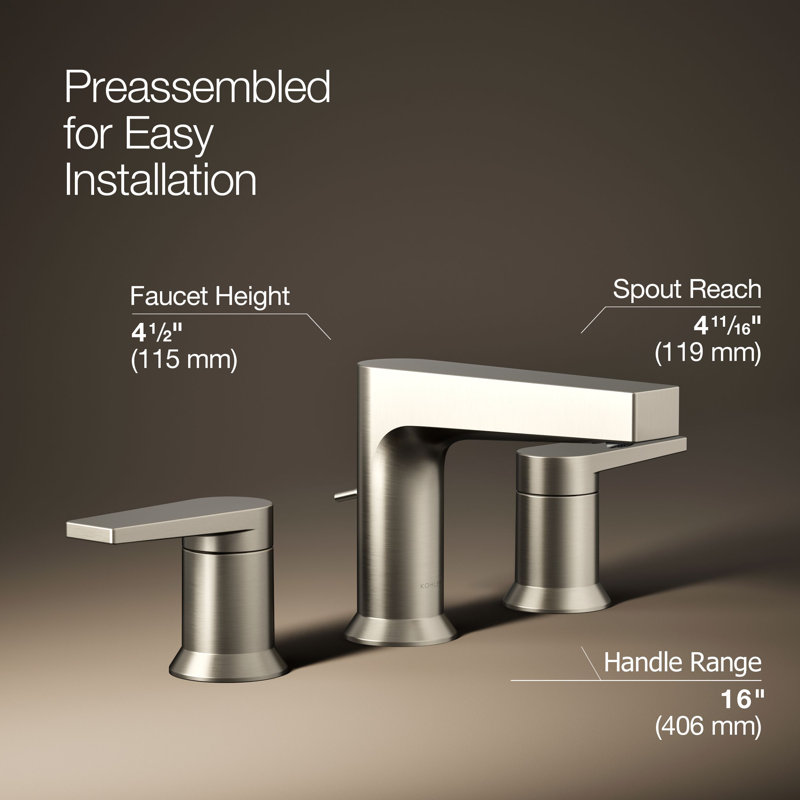 Kohler Taut Widespread Bathroom Faucet with Pop-Up Drain Assembly, 3 Hole 2-Handle Bathroom Sink Faucet, 1.2 gpm