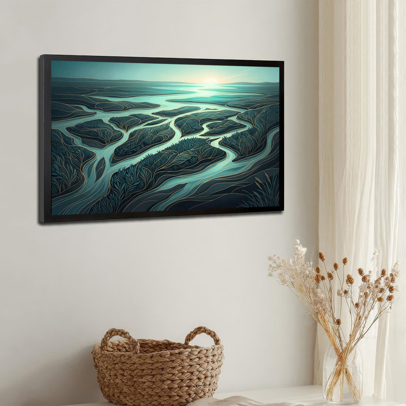 «River Delta» stylisé, art mural sur toile bleu sarcelle et or, 24"H x 36"W