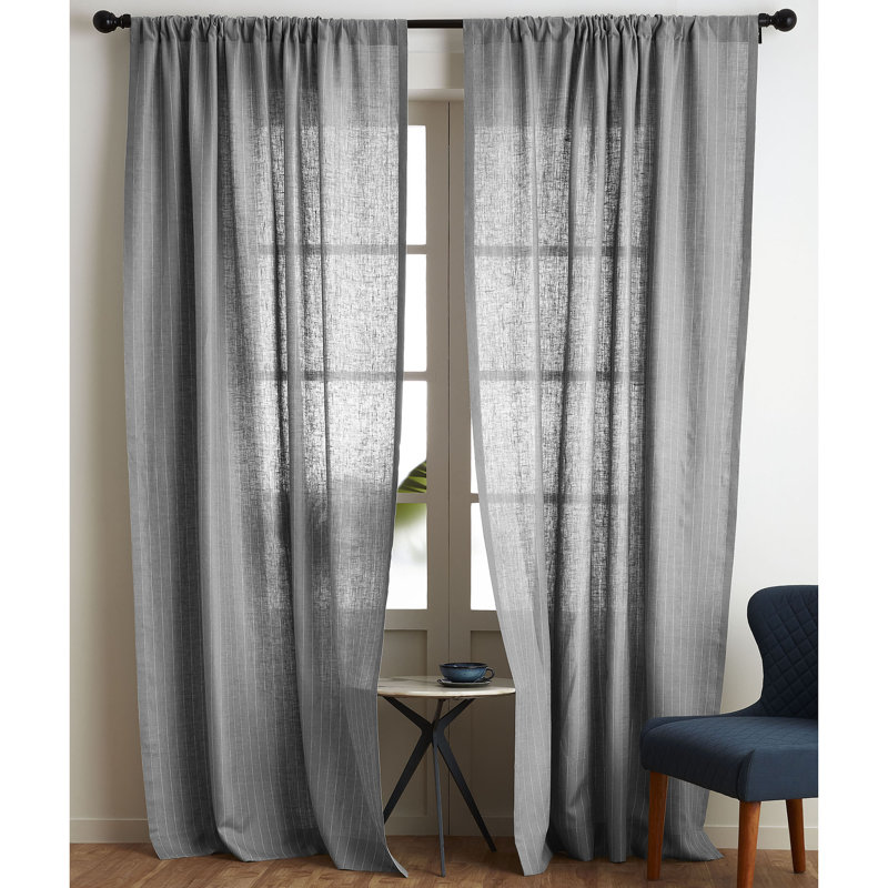 Pinstripe - 100% Pure Linen Curtain, 52" W x 108" L, Grey and White