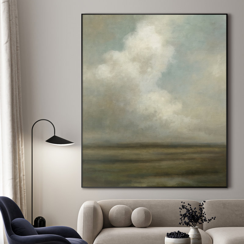 Extra Large Serene Cloudy Sky Landscape Wall Art Print - Neutral Soft Tone Artwork Vintage Decor for Living Room or Bedroom, Frame Assembly Required (Frame Assembly Required)