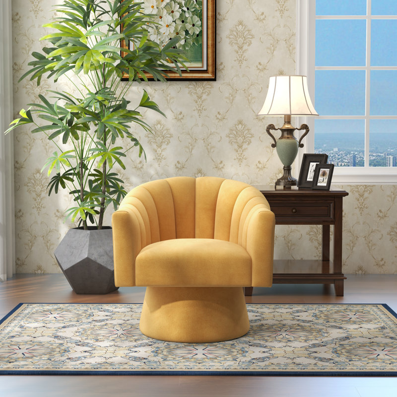Fauteuil demi-tonneau pivotant de 25,2 po Iryanna, Velours jaune, 1