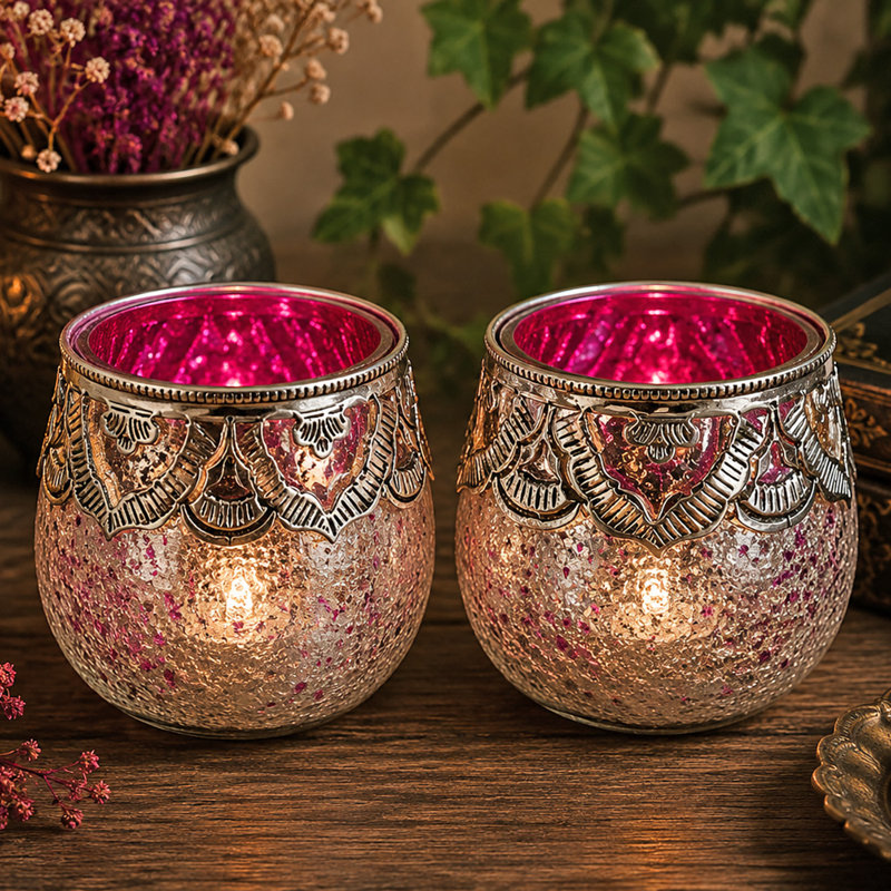 2 Piece Glass Tabletop Votive Holder Set, Pink