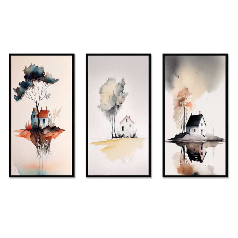 «Countryhouse With Tree At The Lake», 3 pièces sur toile, Noir, H 20 po x l 36 po