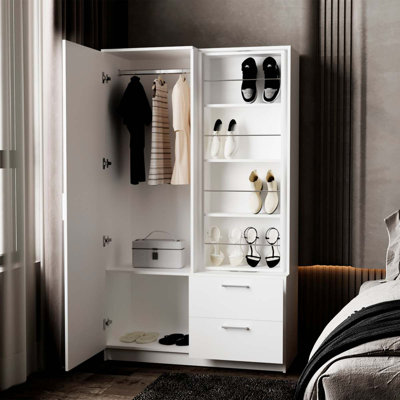Armoire blanche avec rangement ouvert et 2 tiroirs