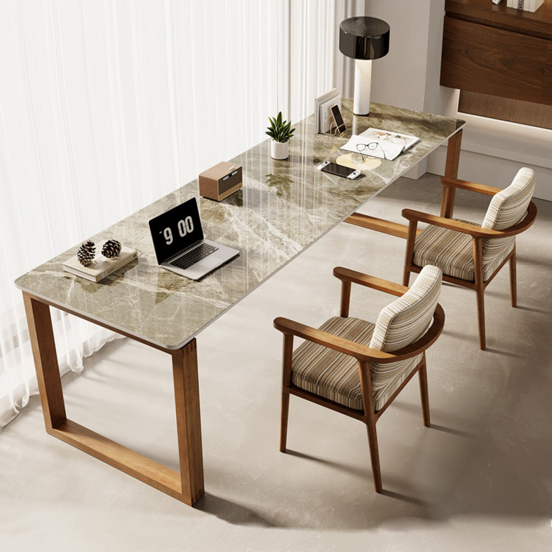 Bureau brun en pierre frittée rectangulaire et bois massif, H 29,53 po x l 62,99 po x P 23,62 po