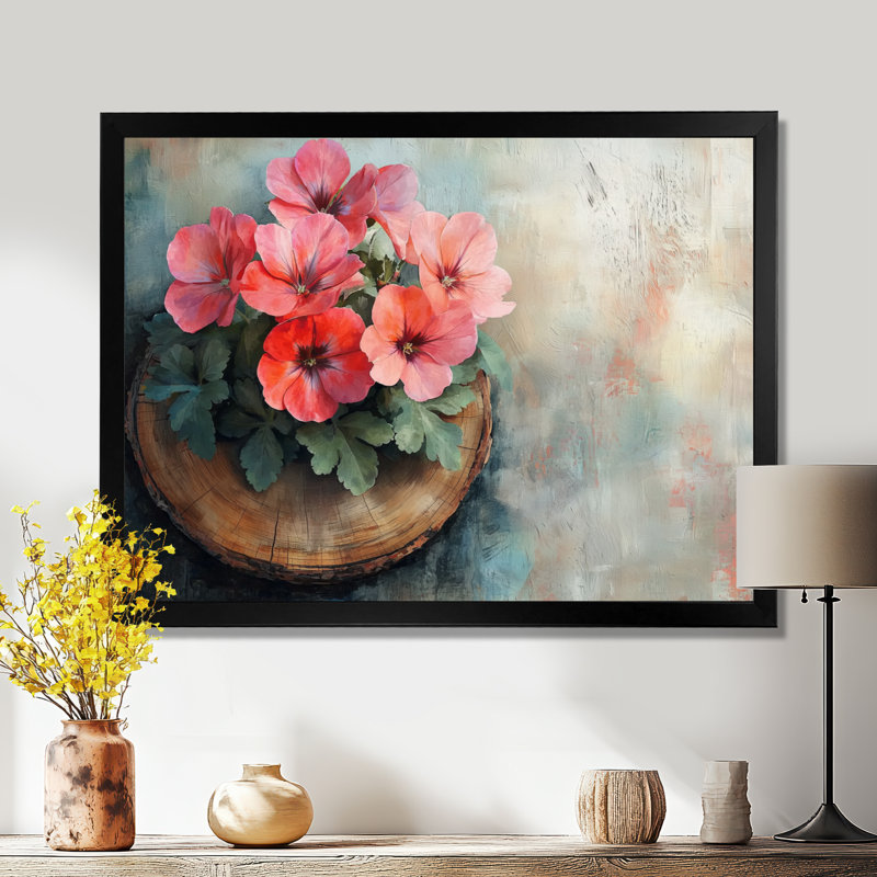 Fleurs de géraniums sur un plateau en bois - Art encadré de géraniums, Cadre simple, Noir, noir, noir, noir