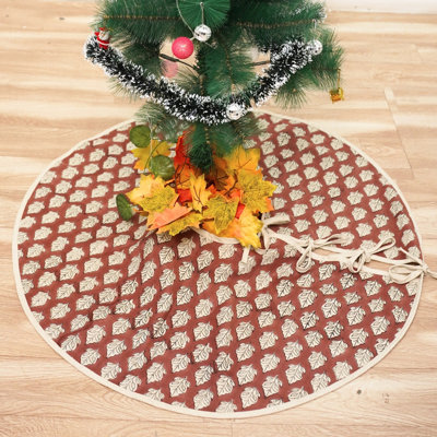 Fabdivine 24" Diameter Natural Linen Tree Skirt with Hand Block Printed Motifs Christmas Tree Base Cover for Rustic and Modern Homes- Mayur