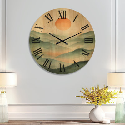Coucher de soleil sur les collines ondulantes I - Horloge murale ronde en bois de style bohème