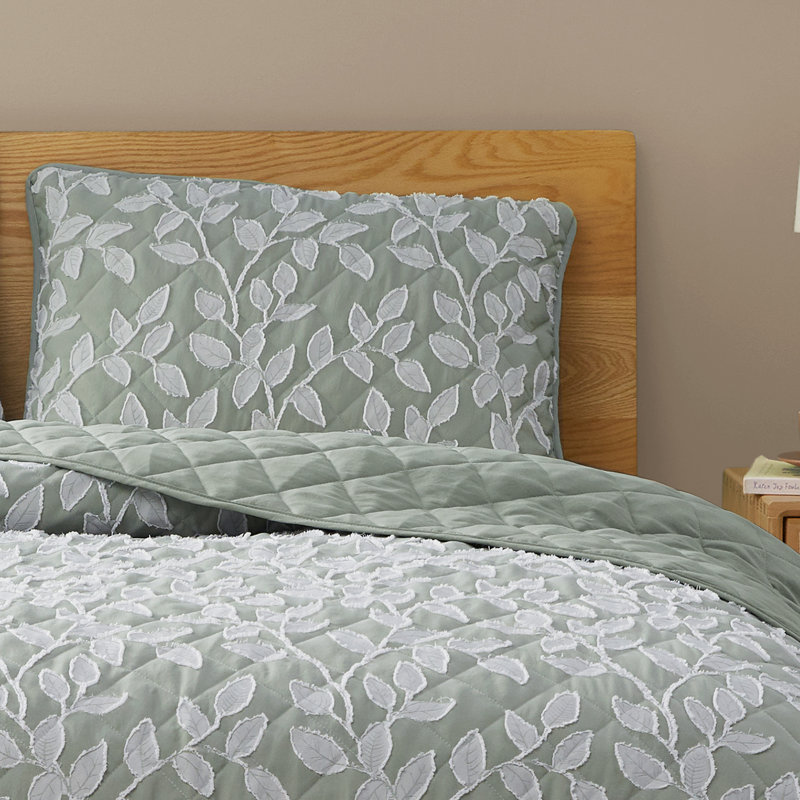 Ensemble de courtepointe à motif de feuilles vert saison, Courtepointe pour lit simple + 1 taie décorative