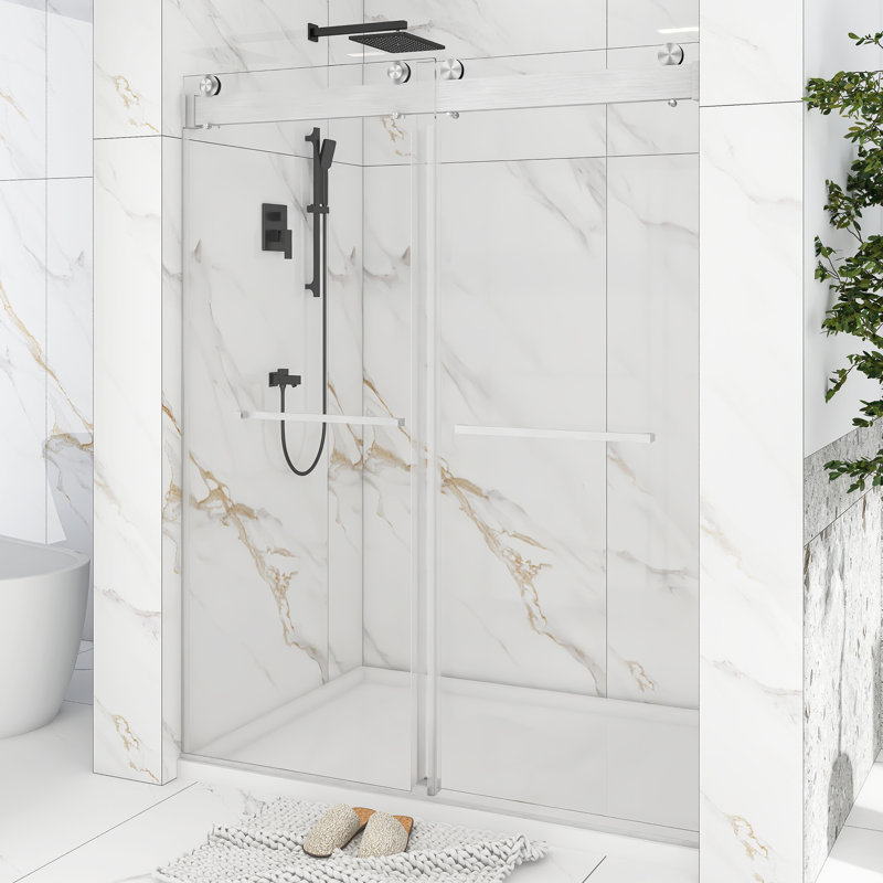 60" Frameless Sliding Glass Shower Door with Nickel Finish
