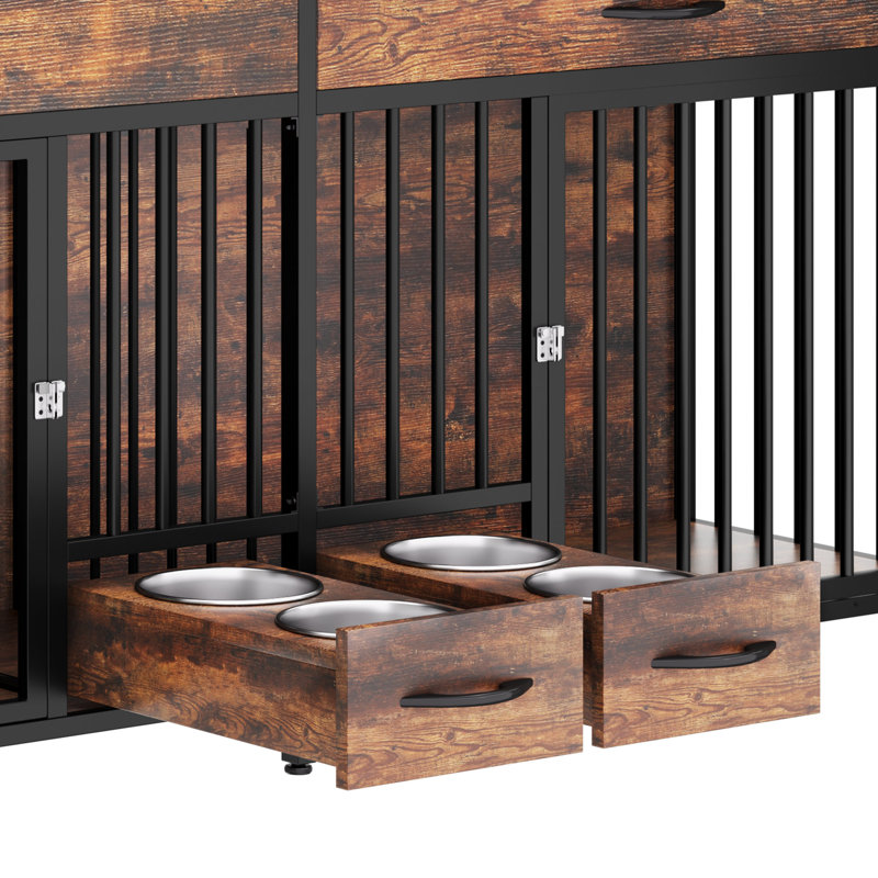 Wooden Double Dog Crate Furniture with Feeders, Brown, 39.3" H x 91.3" W x 22" D