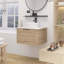 Meuble-lavabo mural en contreplaqué pré-assemblé avec plateau en pierre frittée, tiroir et lavabo rond en céramique, couleur grain de bois chêne blanc-1631610781