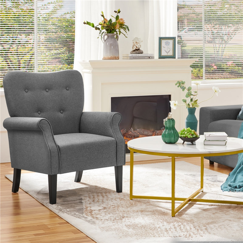 Canapé simple rembourré capitonné avec accoudoirs et pieds en bois 29 po Azani, Mélange de polyester gris foncé