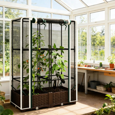 Lit surélevé en cage pour plantes avec treillis multiples pour la croissance verticale, filet de protection pour empêcher les débris, système d'arrosage intégré, matériau décoloré, assemblage rapide, croissance noire de pois et de poivrons,