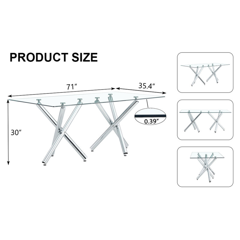 Table de salle à manger rectangulaire en verre trempé de 180 cm (71 po), table de cuisine moderne pour 6 à 8 personnes, pieds en métal chromé argenté à double fourche, transparent et argenté