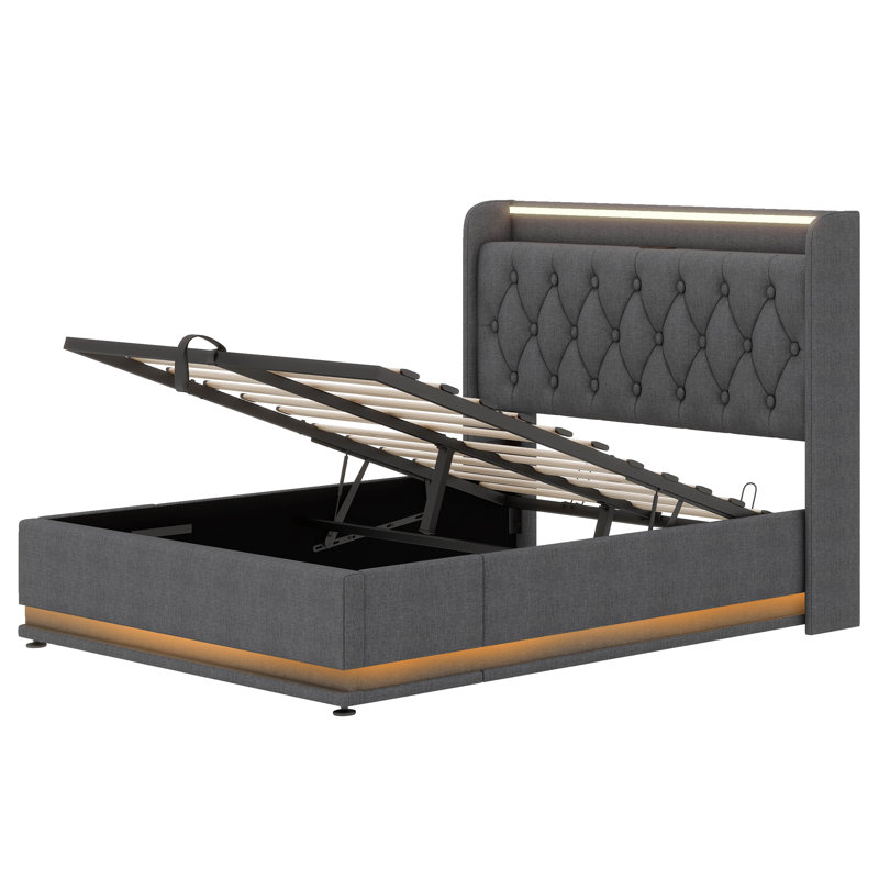 Upholstered Bed, 360 Surround LED Function, Buttons/Apps/Remote Control, Hydraulic Storage Bed With USB Type-C Charging, Grey