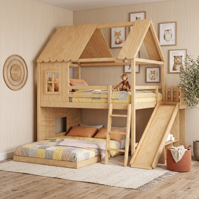 Full Over Full Wood House-Shaped Bunk Bed with Window, Slide and Guardrails