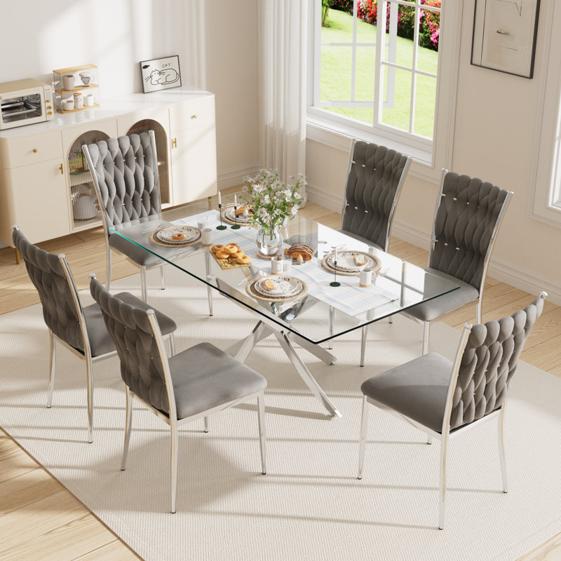 63" Rectangular Tempered Glass Table set, 7, Gray/Silver