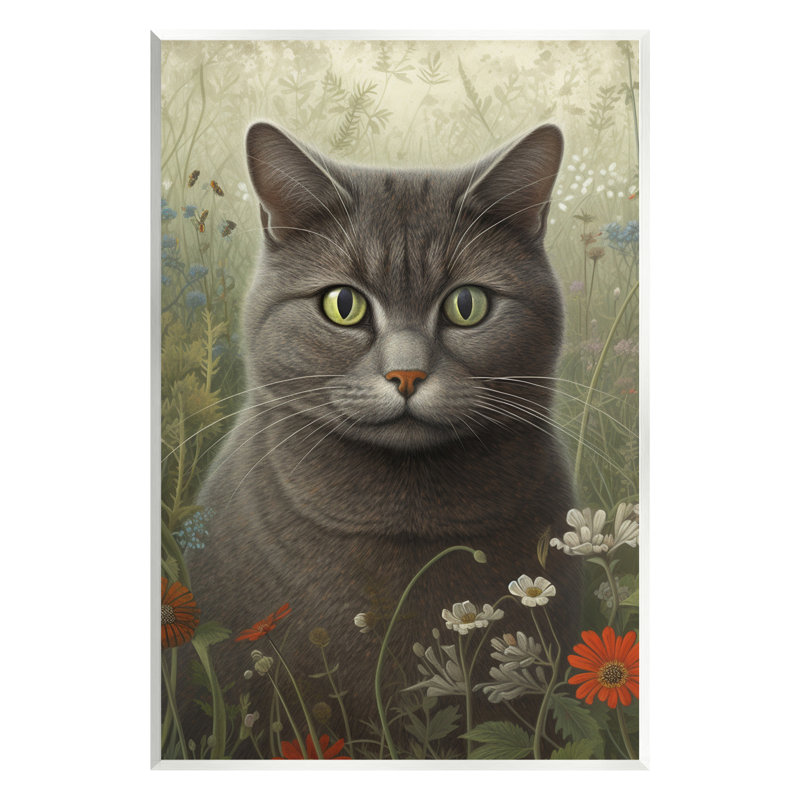 " Grey Cat In Flower Field " by LSR Design Studio, 15" H x 10" W x 0.5" D