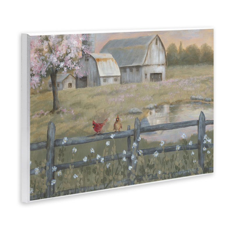 «Blossoming Trees Birds Perché Country Farm Fence», art mural par Pam Britton, H 13 po x l 19 po x P 0,5 po