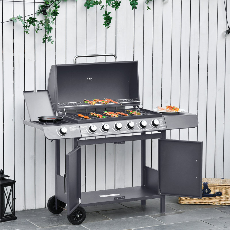 Outsunny 6 - Burner Free Standing Liquid Propane 9400 BTU BTU Gas Grill with Side Burner and Cabinet