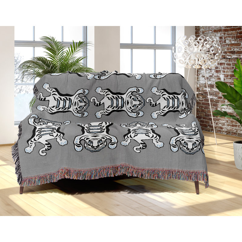Jeté en mélange de coton Usha, L 70 po x l 50 po, Gris / Blanc cassé