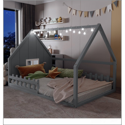 Full Size Wood House Bed With Window And Fence, Creating A Cozy And Imaginative Sleeping Space For Kids