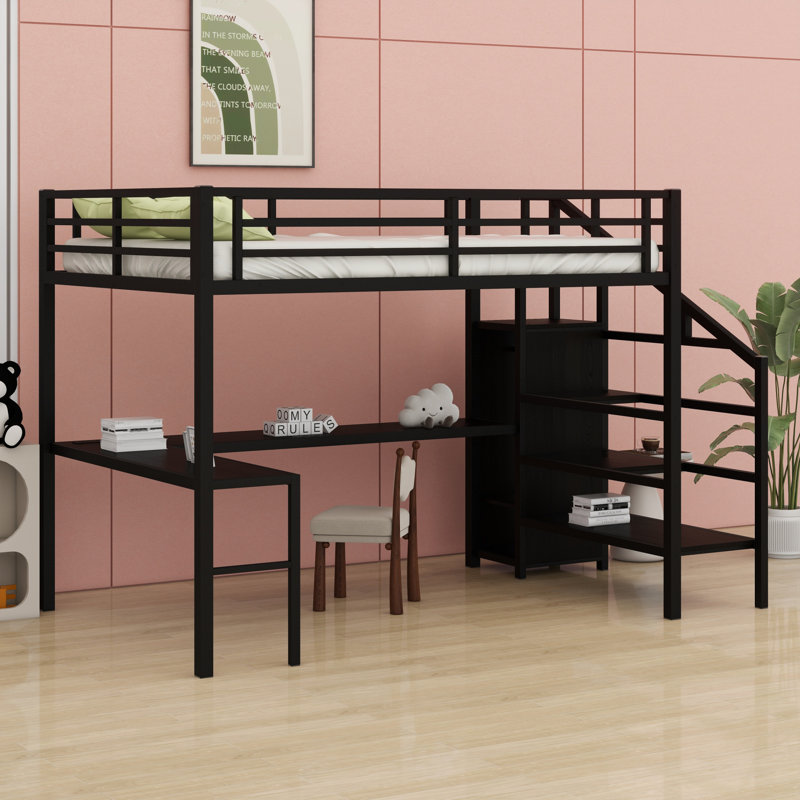 Lit mezzanine avec bureau en L et port USB, armoire et tablette réglable et DEL
