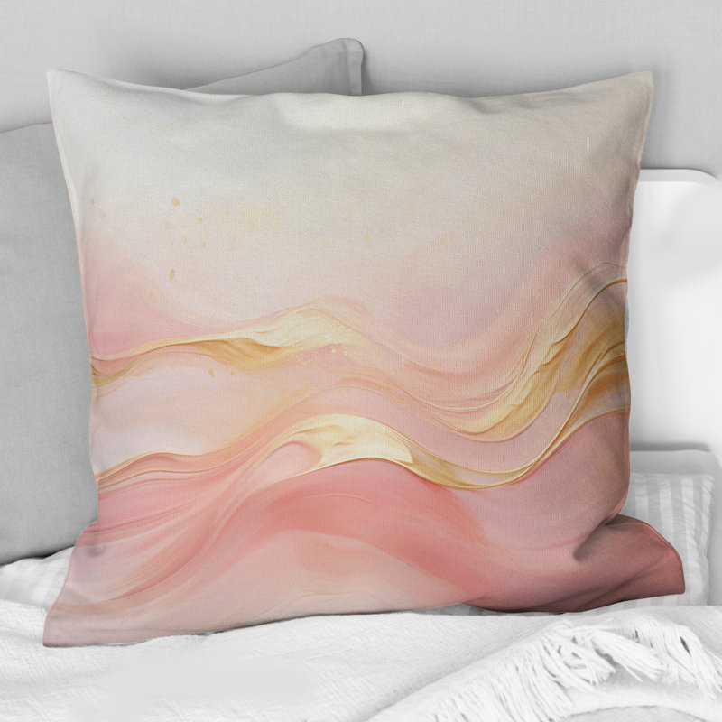 Coussin décoratif or et rose Soft Wave Fusion II - formes abstraites, 16" x 16"