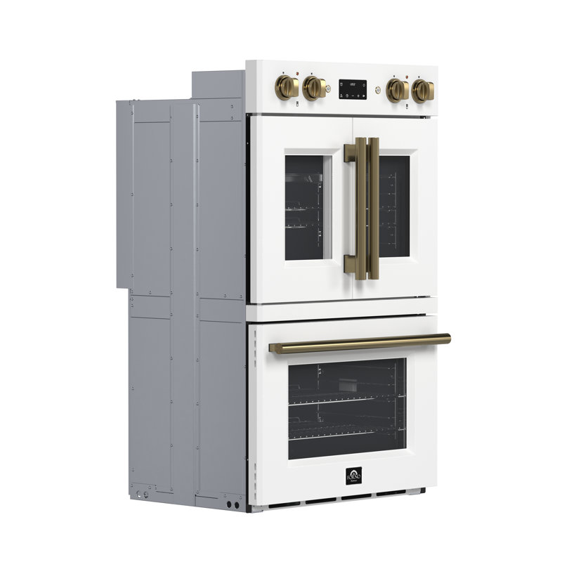 Forno Asti 30-Inch Double Electric Wall Oven with Upper French Doors in White or Black & Antique Brass, 7.36 cu. ft. Dual True Convection, 7,200W, Air Fry, Sous Vide, Self-Clean