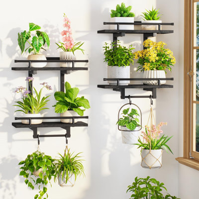 Floating Plant Shelves Holder Wall Mounted Indoor, 2 Tier Window Hangers Stand with Hooks, Metal and Wood, Flower Hanging Display Rack, 2 Pack, Black