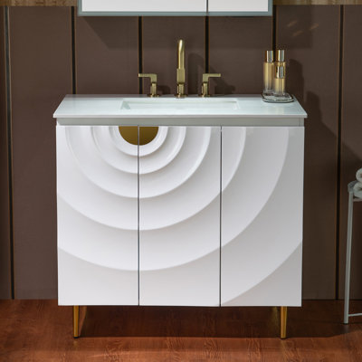 Meuble-lavabo de salle de bain 36 "x 22" avec comptoir simple en céramique Eden, comptoir de meuble-lavabo en pierre d'ingénierie blanche - portes à motif ondulé 3D, cadre élégant aux pieds minces, peu encombrant pour une vie moderne
