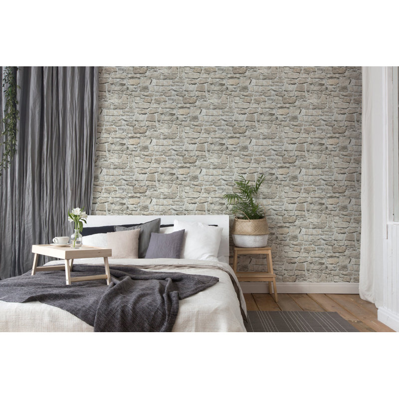 The Bricks and More Stone Symphony Motif 10.05m x 53cm Matte Wallpaper Roll, Cream