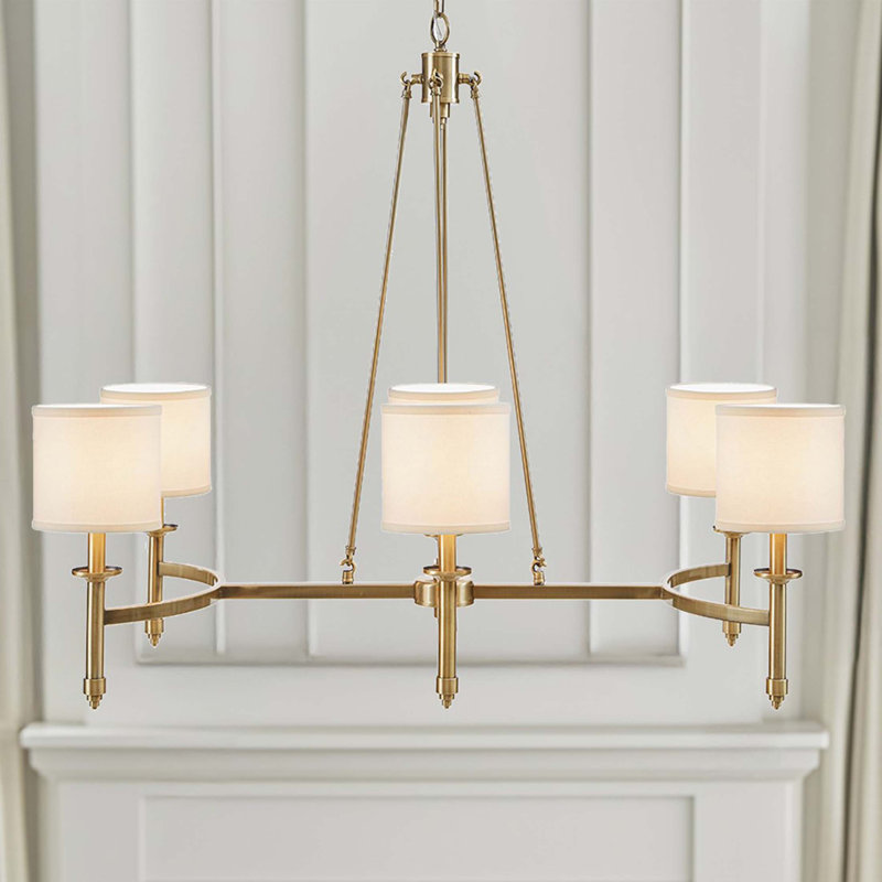 Lustre 6 lumières avec abat-jour tambour en tissu Voir ci-dessous, Or antique