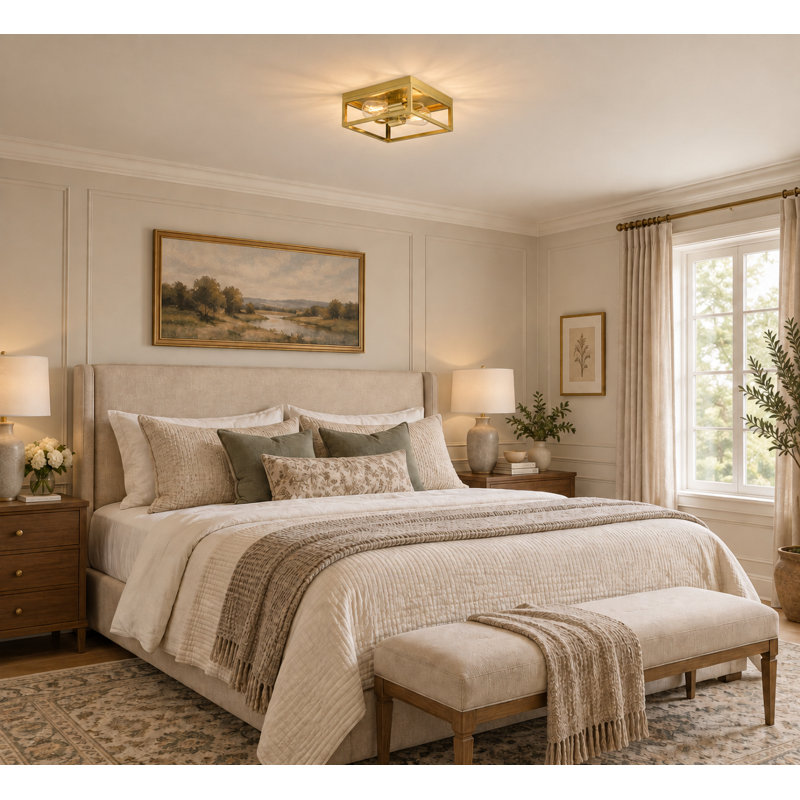 Transitional 2 Light Gold Square Flush Mount, Gold