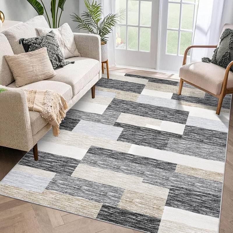 2x6 Modern Runner Rug, Geometric Patchwork, Non-Slip, Washable, Low Pile, Hallway, Foldable, Contemporary Carpet, Laundry, Gray, Camel.