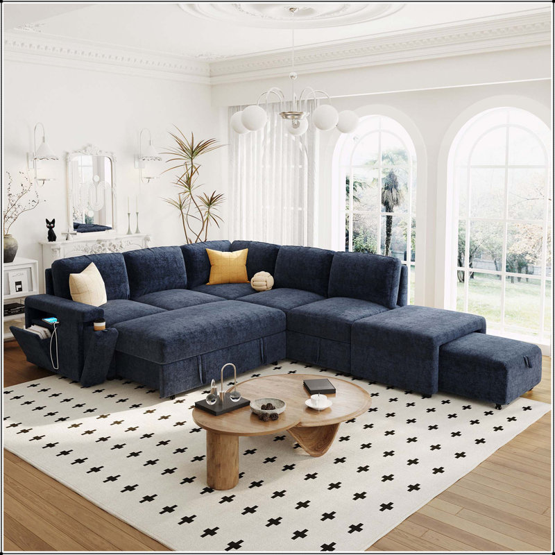 L-shaped Padded Modular Sofa with Storage Space, Blue