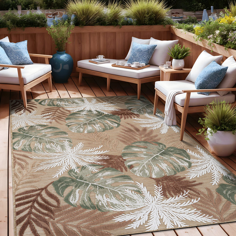 Tapis floral d'intérieur pour l'extérieur, Beige, Rectangle 6' x 9'