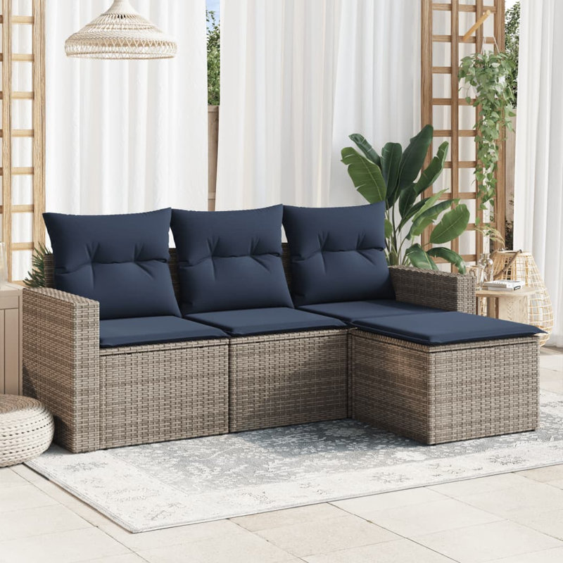 Ebern Designs 4 Piece Patio Sofa Set With Cushions Black Poly Rattan, Red Cushion/ Brown Frame