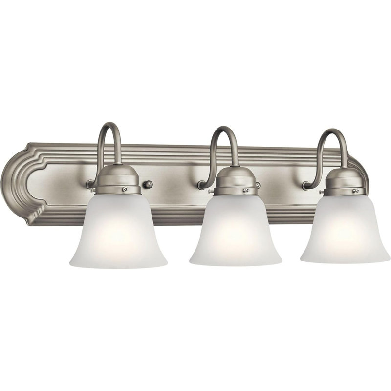 Luminaire de salle de bain pour coiffeuse 3 lumières 24 pouces, matériau nickel brossé, lumière de salle de bain moderne, avec verre gravé satiné transparent (24 pouces de large x 8 pouces de haut)