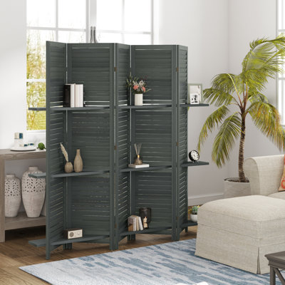 5 Panel 67" Tall Wood Room Divider, Privacy Screen With 3 Display Shelves, And Folding Storage For Bedroom Or Home Office
