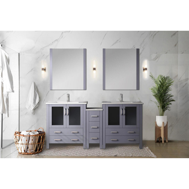 72 po Meuble-lavabo double gris foncé avec armoires latérales, robinet, 28 miroirs et comptoir en céramique gris Scratch
