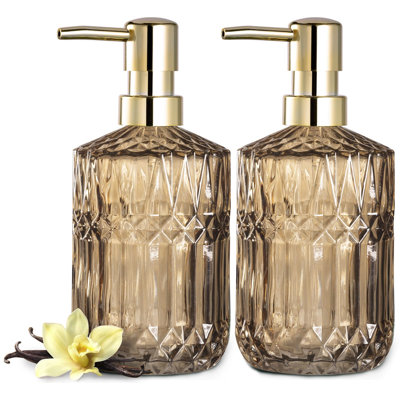 Distributeur de savon en verre transparent avec pompe en plastique ABS, distributeurs de lotion pour la cuisine et la salle de bain (paquet de 2 brun)