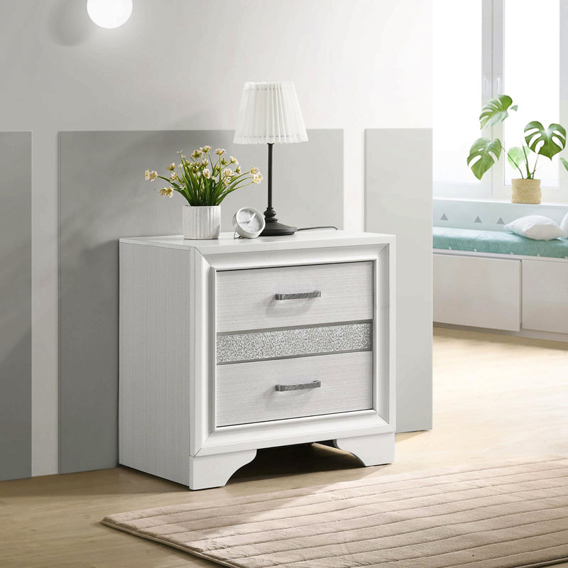 Table de chevet blanche à 2 tiroirs avec plateau à bijoux caché