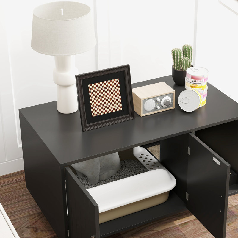 Cat Litter Box Enclosure Cat House End Table with Scratcher, Black