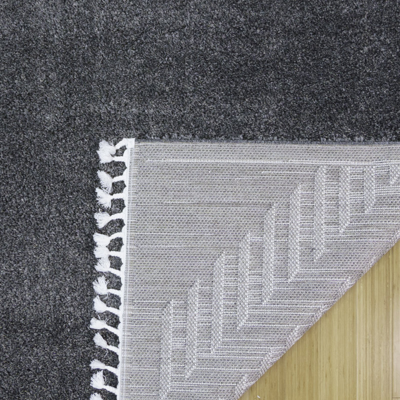 Tapis à poil long moderne gris anthracite / ivoire avec frange Limmet Bristow, Rectangle 9 pi 6 po x 13 pi 1 po