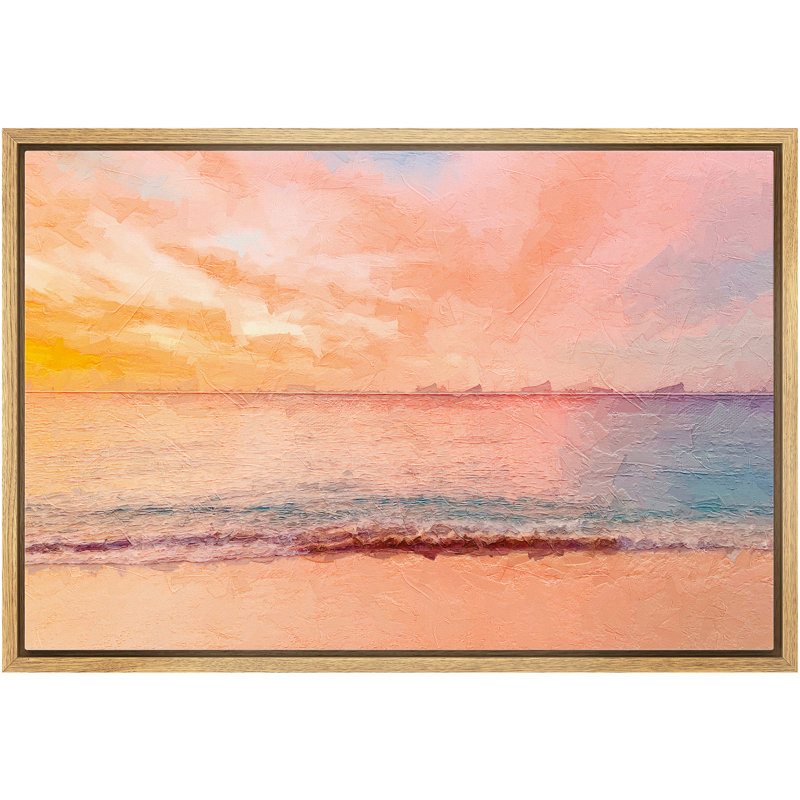 Nuage coloré illuminant la mer, reflétant l'eau au coucher du soleil - peinture sur toile à cadre flottant, Brun