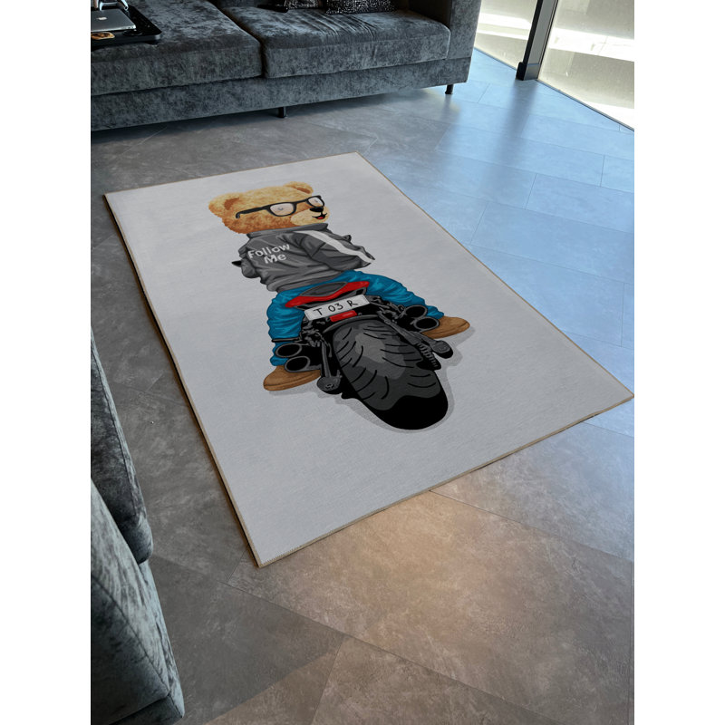 Multi-Coloured Retro Themed Motorized Teddy Bear Patterned Creative Modern Decorative Rug, Runner 3'3.37" x 9'10.11"